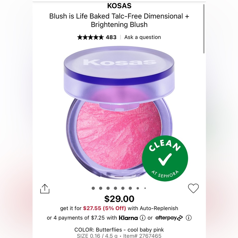 NEW - Kosas Blush in butterflies. Full Size. Cool Tone Pink